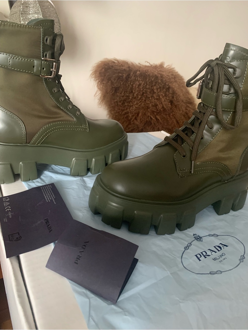 PRADA Monolith Women’s Olive Green Platform Combat Boots 36 $2000 - Picture 3 of 4